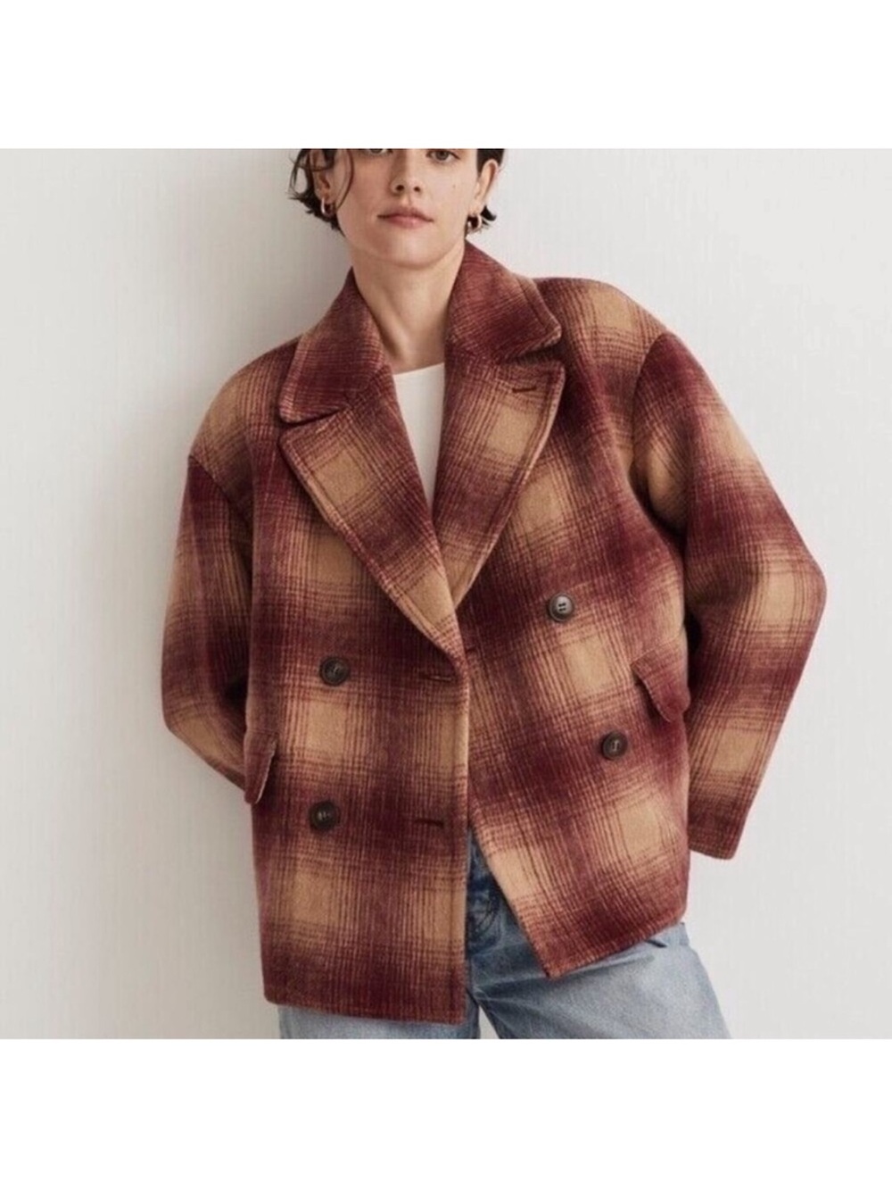 Madewell Burgundy and Tan Plaid Double-Breasted Peacoat